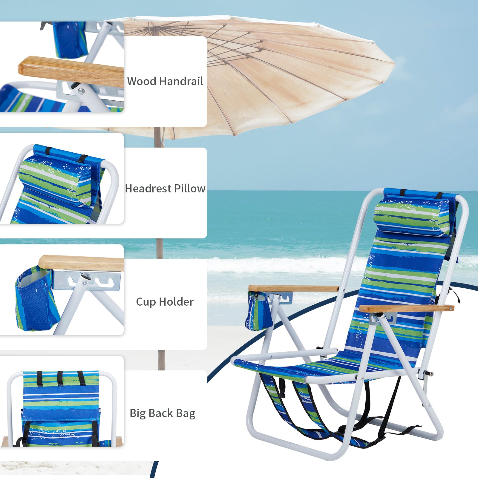 Blue & Green Striped Folding Beach Chair