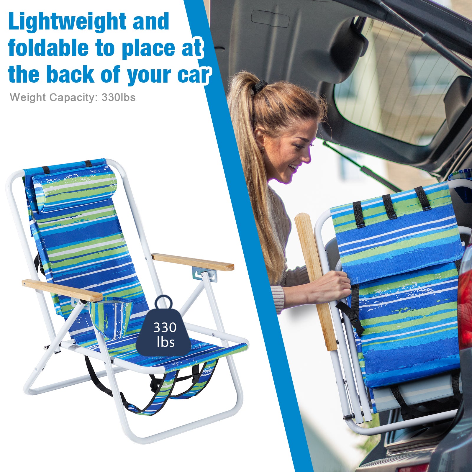Blue & Green Striped Folding Beach Chair