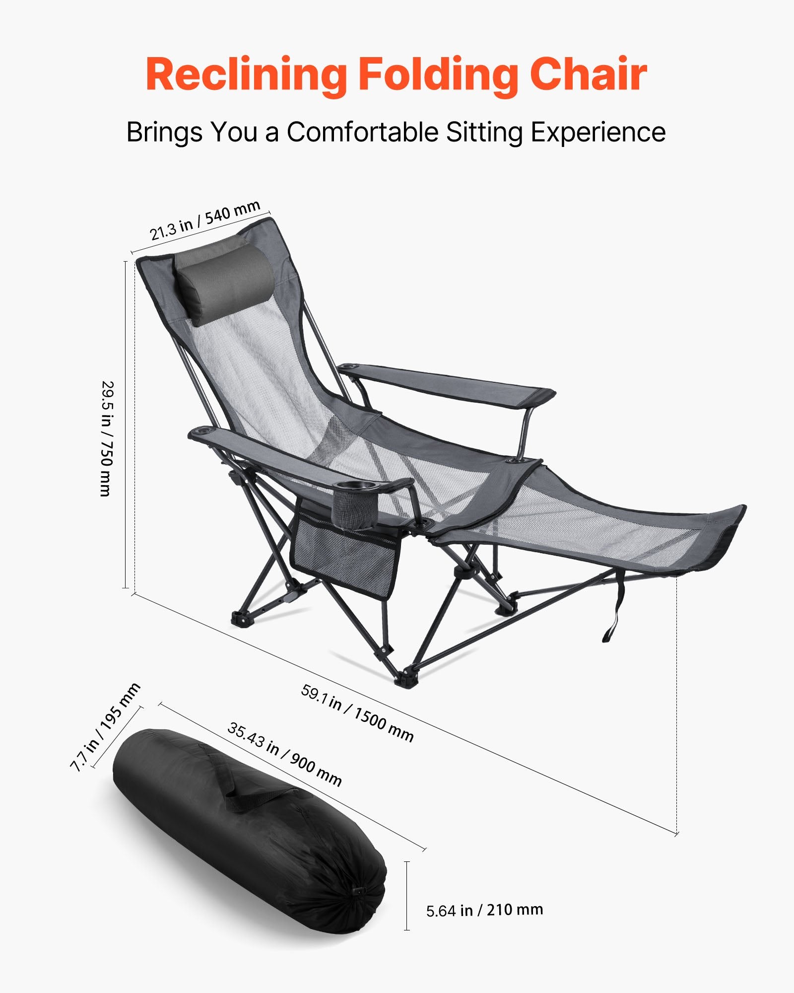 Reclining Camping Chair with Footrest & Headrest