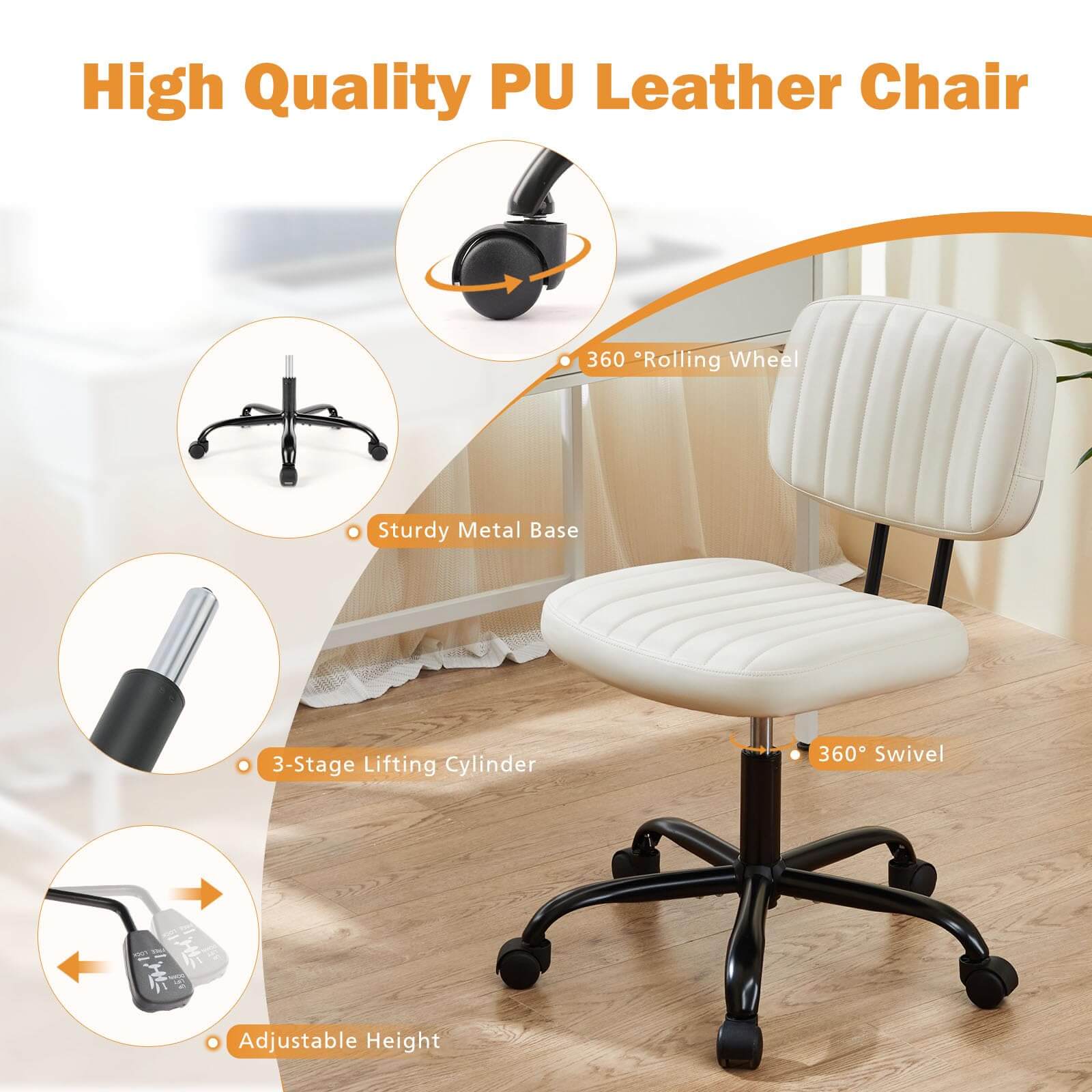 Modern Armless Computer Desk Chair with Rolling Wheels