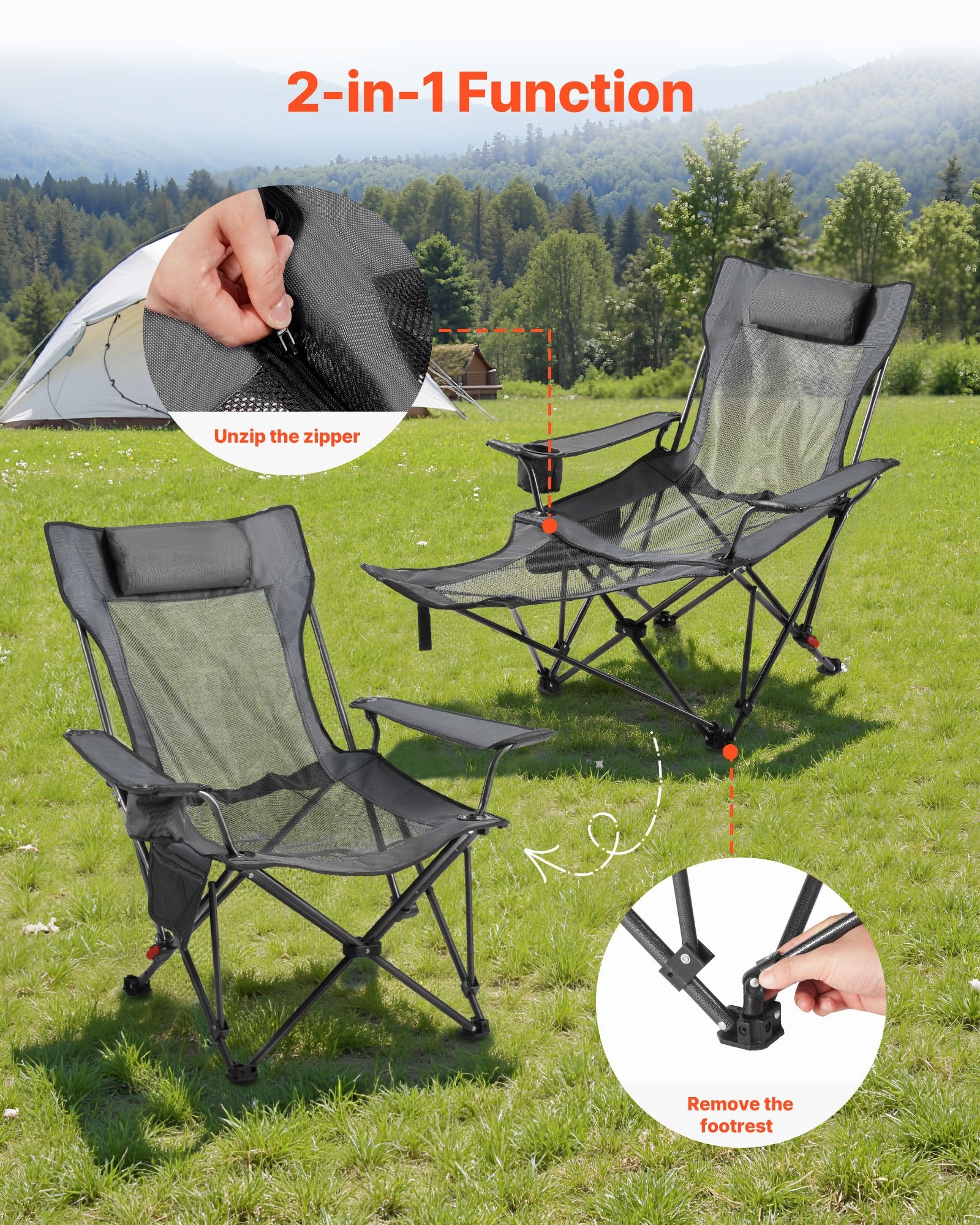 Reclining Camping Chair with Footrest & Headrest